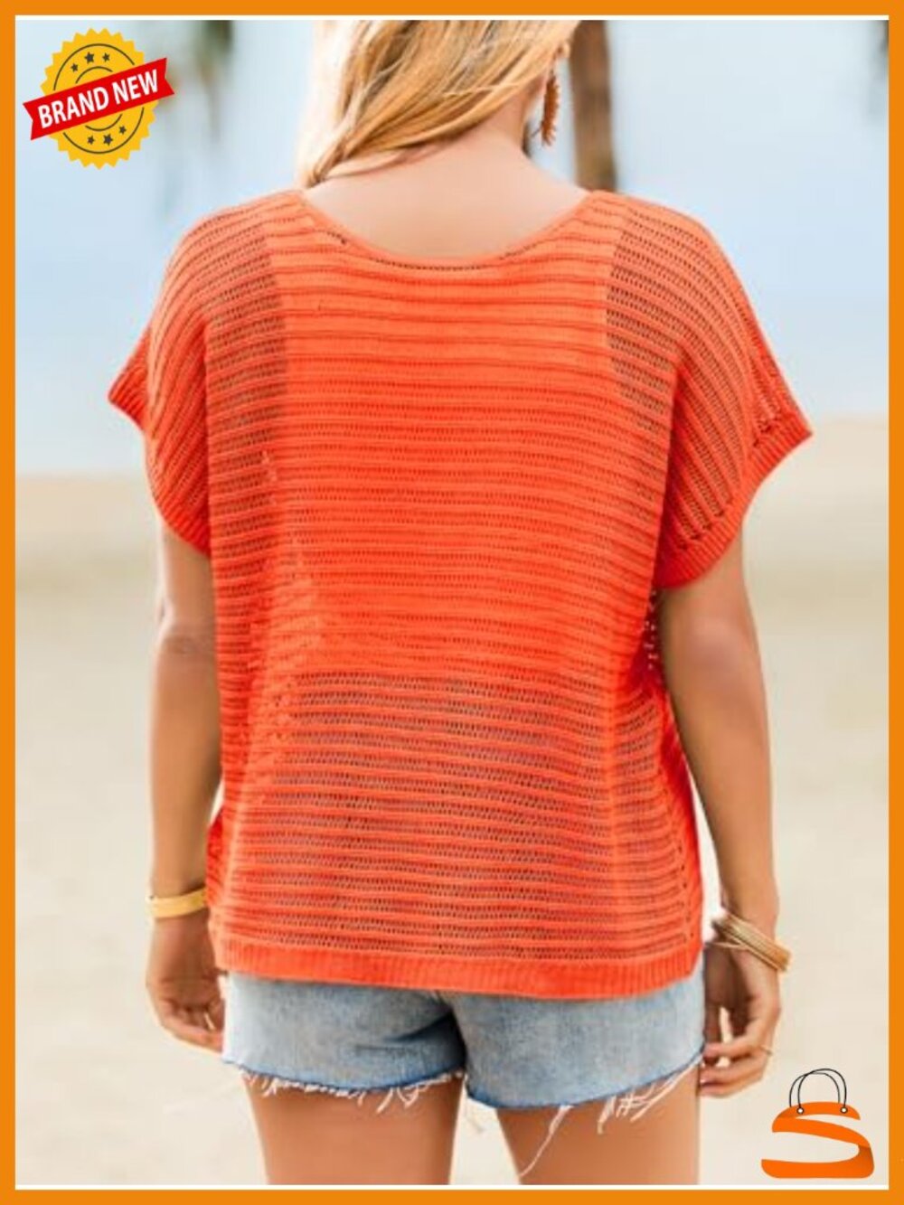 Crochet Batwing Short Sleeve Sweater Boat Neck Mesh Knit Beach Cover Up Top - Picture 5 of 6